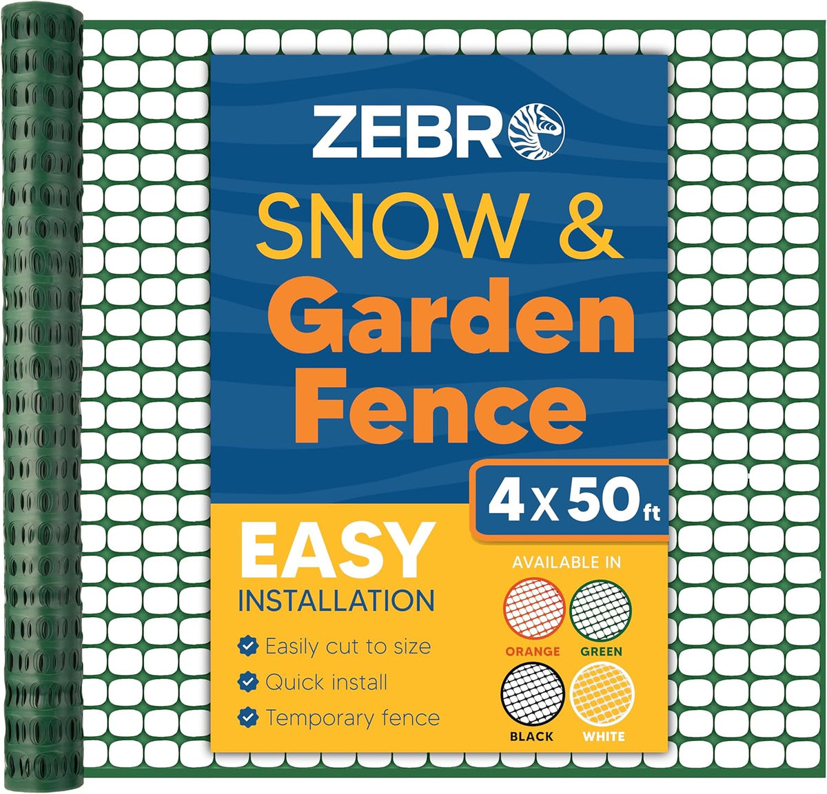 ZEBRO 4' x 50' Green Plastic Garden Fence Roll – Light Duty Mesh Fencing for Temporary Fence, Snow, Garden Netting, Animal Barrier, Agricultural Fencing & Lawn Protection