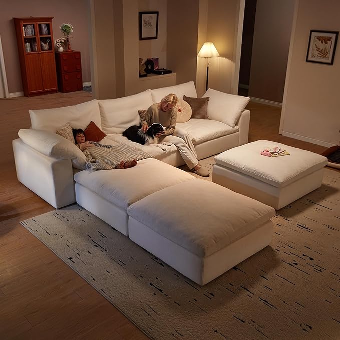 Modular Cloud Sofa, 141.7" Cloud Sectional Couches with Deep Seat, U-Shape 4-Seat Couch with Ottoman for Living Room, Modern Comfy Couch with Washable Cover, Wide Armrest (White,2 Ottomans)