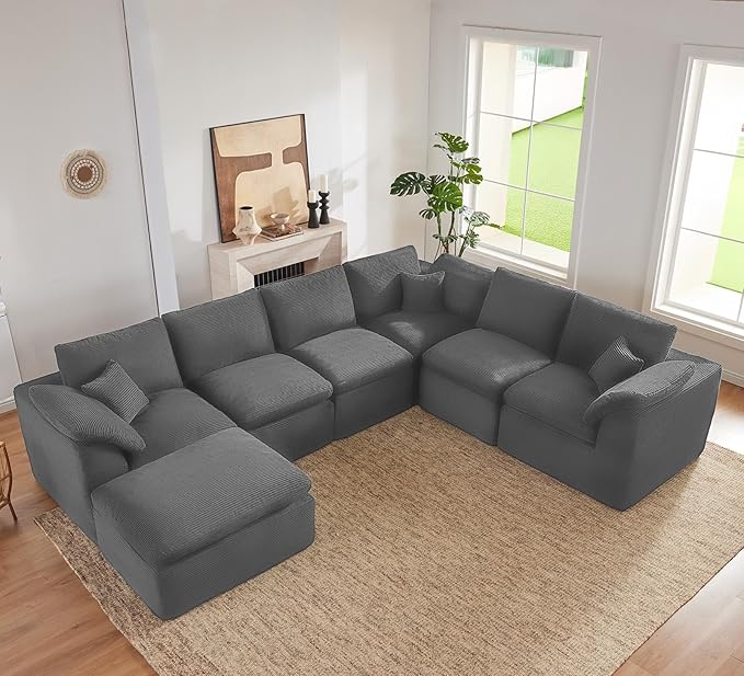 143" Cloud Sectional Couch, Boneless couches for Living Room, 7 Seater Large Modular Sectional Sofa with Deep Seat, Comfy Soft Cushions, No Assembly, Gray
