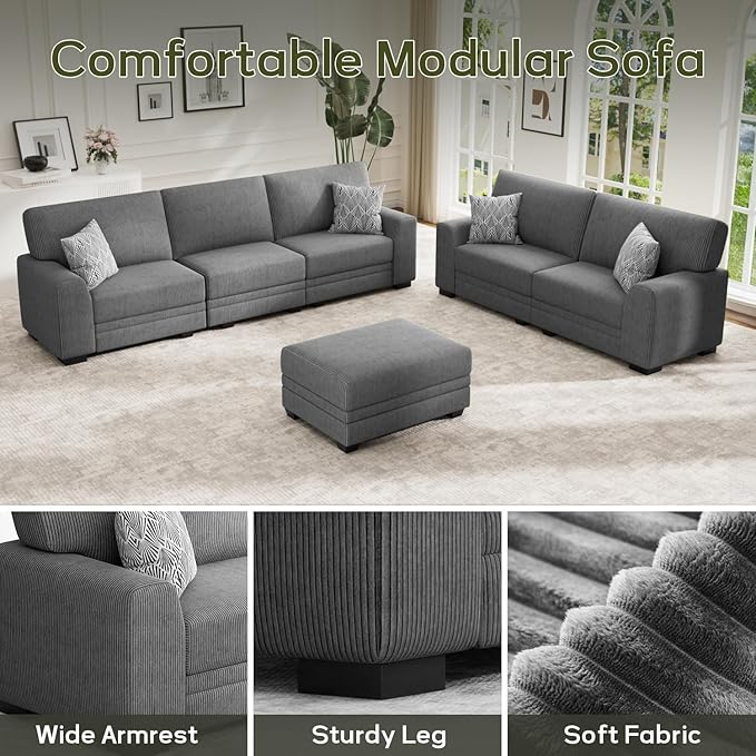 Wanderwell Oversized Modular Sectional Sofa, 6-Seater U Shaped Couches with Movable Ottoman,Corduroy Sectional Couch with Wide and Deep Seats Suitable for Living Room,Bedroom,Apartment (Grey, 2+3+OT)