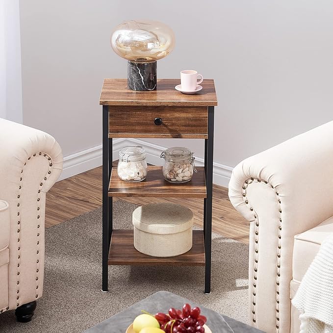 VECELO Tall End Table Set of 2,Nightstand with Drawer and Adjustable Storage Shelf,27.6 inch Side Table for Living Room/Bedroom/Entryway Small Spaces