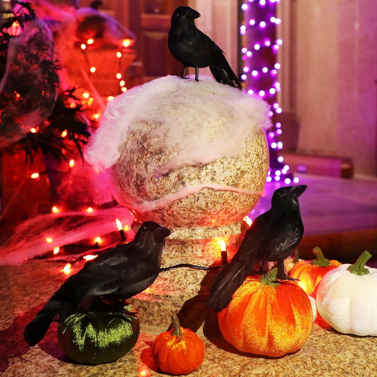 ATDAWN 6 Pack Halloween Black Feathered Crows, Realistic Halloween Birds Decoration for Spooky Decor