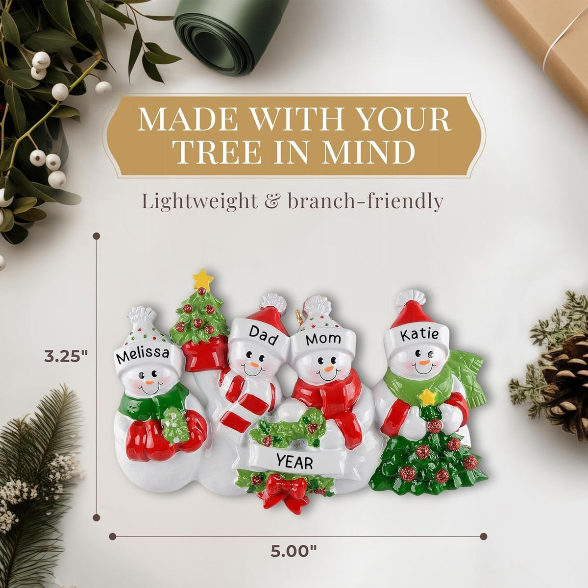 Personalized Family of 4 Ornament 2025 | Free 24h Customization | Laser Engraved Snowman Christmas Ornaments for Tree | Custom Gift Wrapped Festive Holiday Keepsake for Four Persons