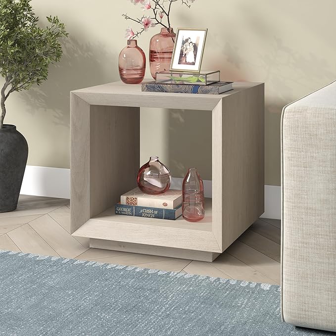 Henn&Hart 22" Modern Square Wooden End Table, Side Table, Nightstand with Open Display Shelf for Living Room, Office, Family Room, or Bedroom, Alder White