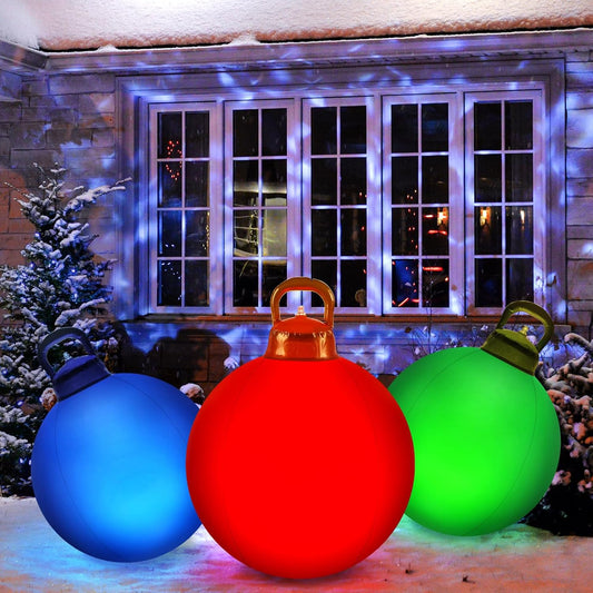 Jetec 3 Pcs Outdoor Light Up Christmas Ball Decorations Large Christmas Inflatable PVC Decorated Balls with Light 24 Inch,18 Inch Xmas Ornaments for Yard Lawn Porch(Red, Blue, Green)