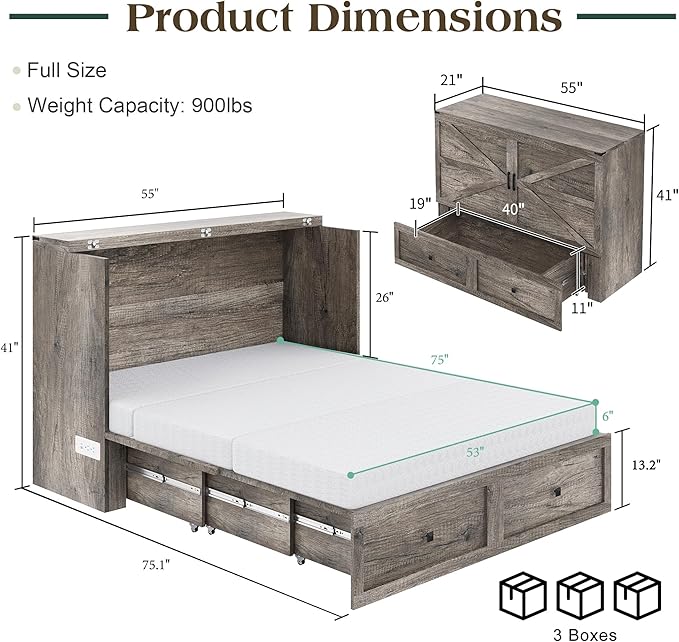 Full Murphy Bed with 6" White Tri-Fold Memory Foam Mattress, Storage Drawer & Charging Station, Space-Saving Design for Home Office or Guest Room, Rustic Grey