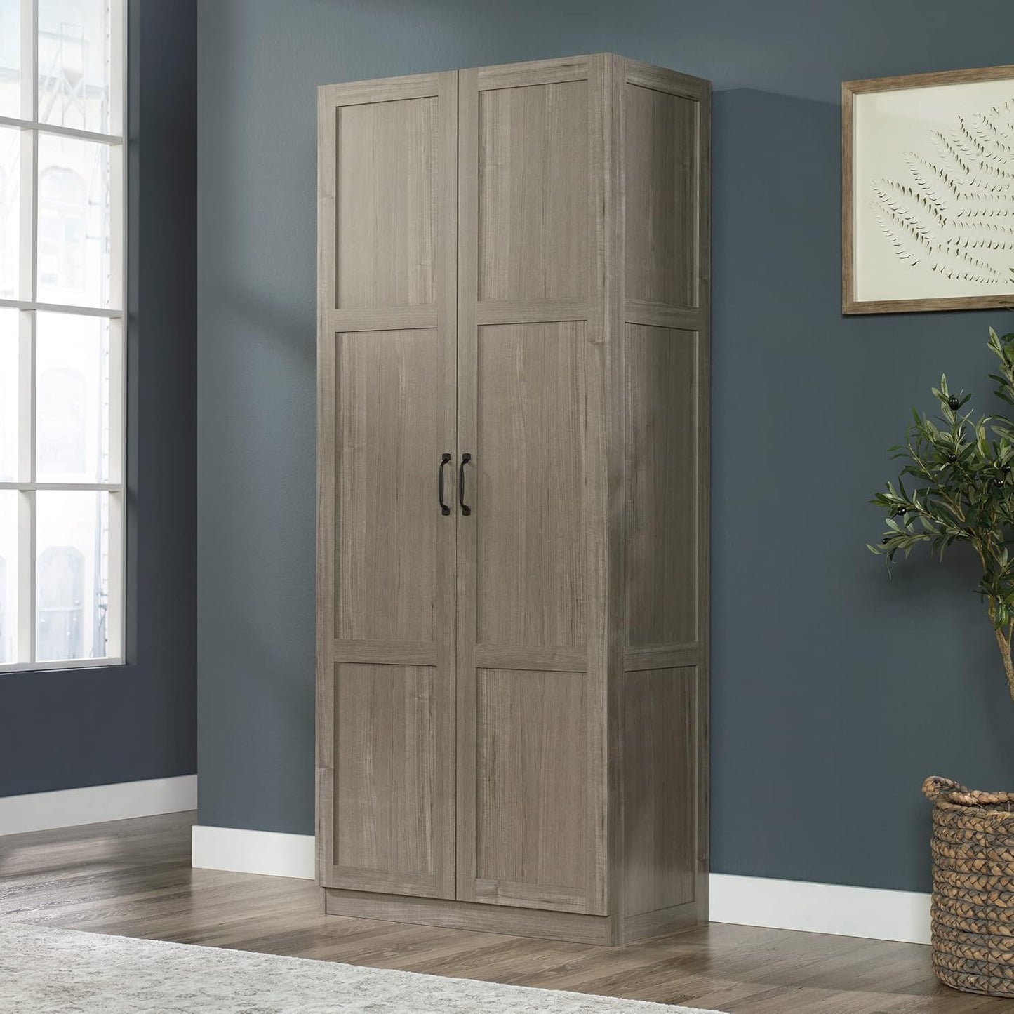 Sauder Select Storage Cabinet, Pantry Cabinet Kitchen Storage with Adjustable Shelves, Bathroom Storage Cabinet, in Silver Sycamore