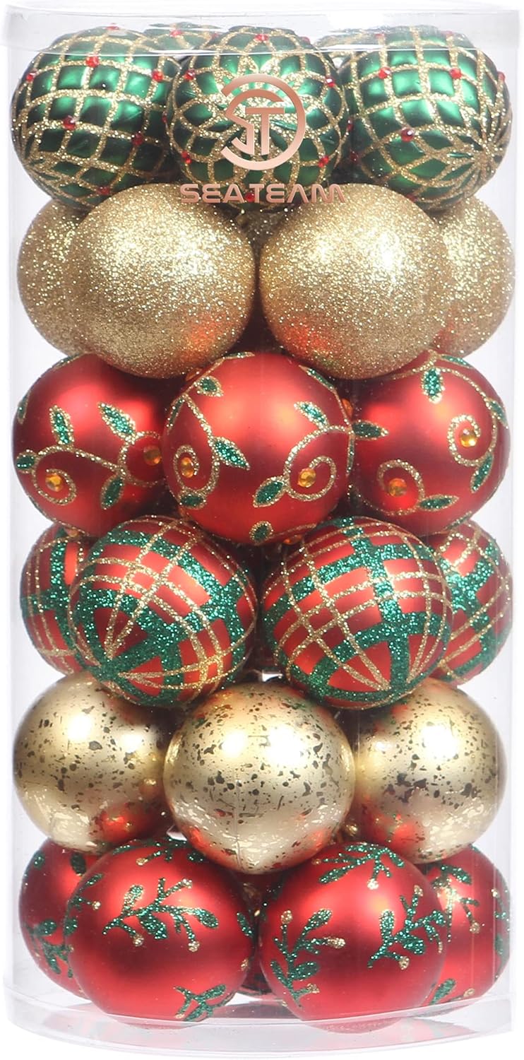 Sea Team 60mm/2.36" Delicate Contrast Color Theme Painting & Glittering Christmas Tree Pendants Decorative Hanging Christmas Baubles Balls Ornaments Set - 30 Pieces (Gold, Red & Green)