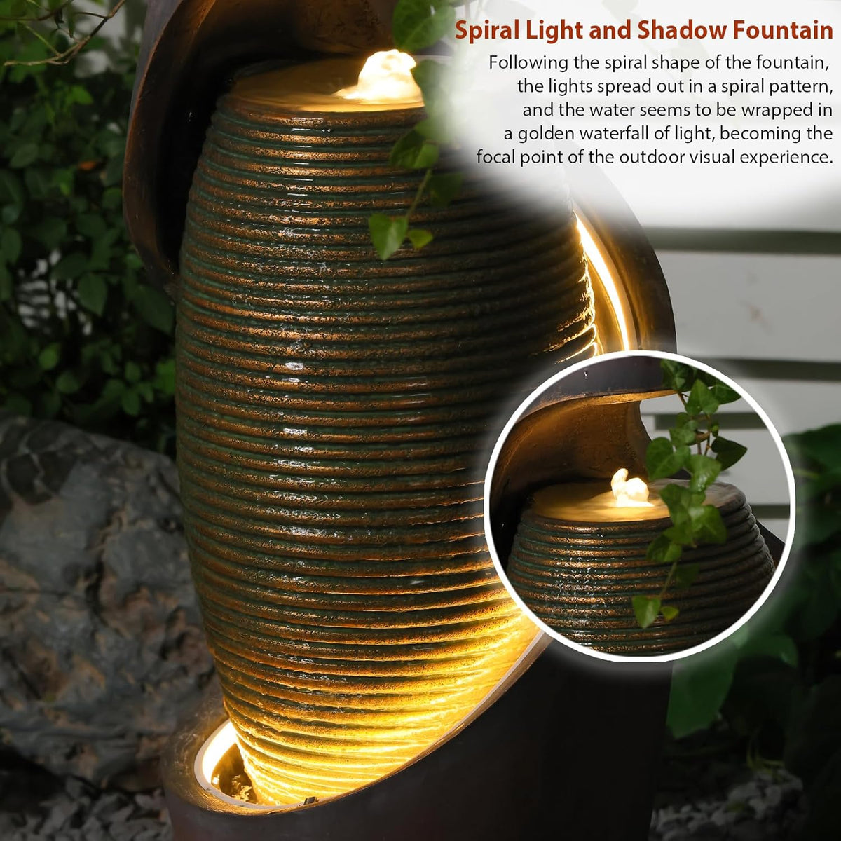 29.5’’H Modern Outdoor Fountain - Curved Spiral Waterfall Indoor/Outdoor with LED Light & Planter Bowl, Resin Garden Fountains for Patio, Yard, Backyard, Porch, Home Art Decor, 11.8" L x 11.8" W