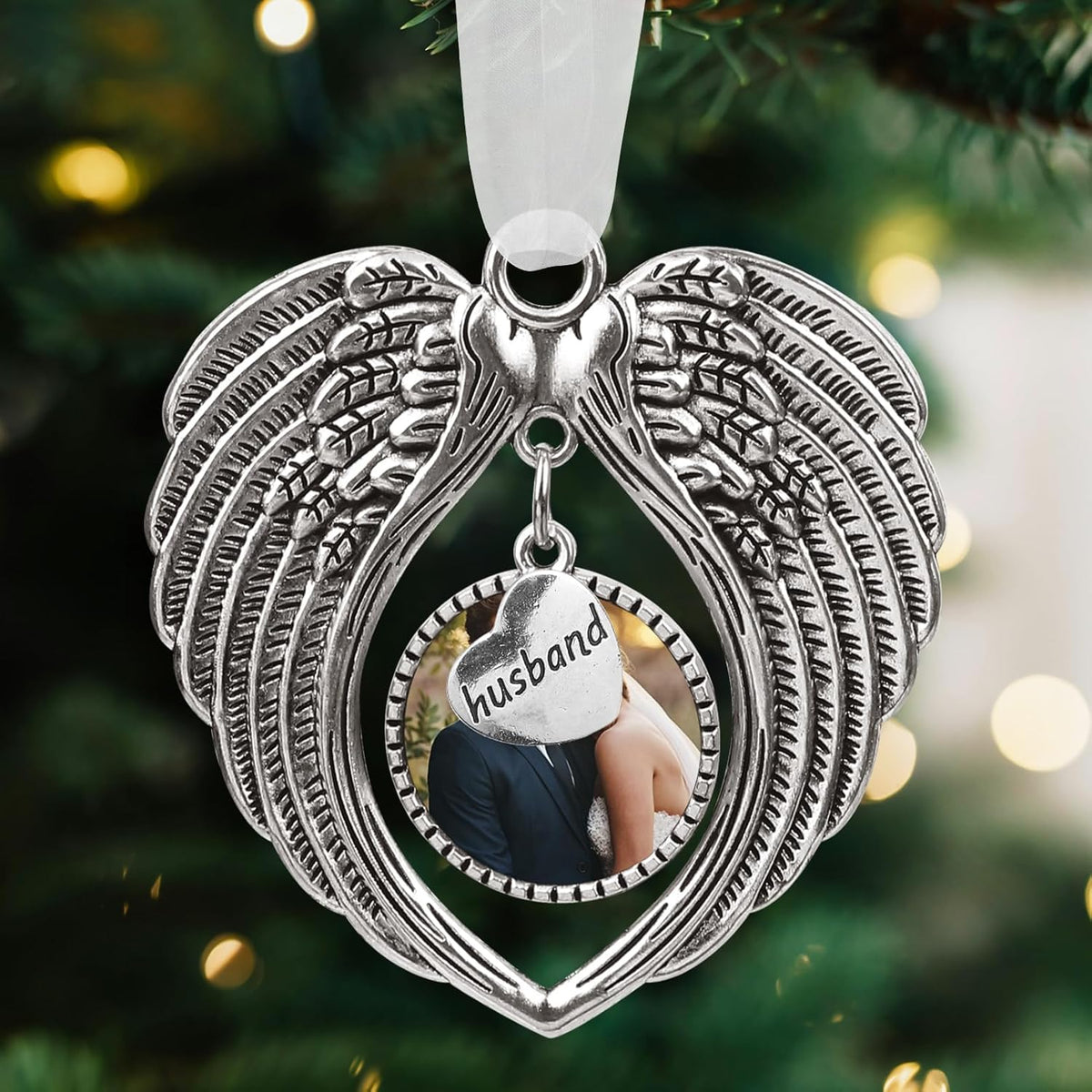 Christmas Ornaments Angel Wings with Custom Photo Frame for Loss of Loved One Remembrance Keepsake with Silk Ribbon & Red Gift Box