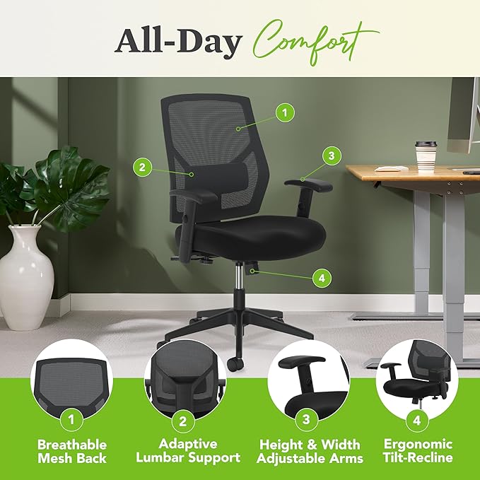 HON Crio Ergonomic Office Chair, High Back Task Chair with Adjustable Arms, Lumbar Support, 360 Swivel, Center-Tilt Recline, for Desks, Computers, Home Office, Black