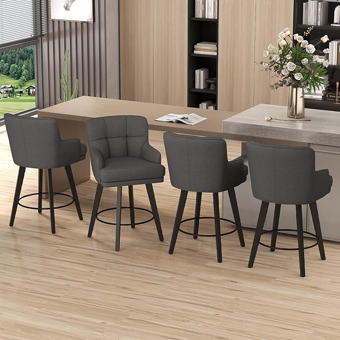360°Swivel Counter Height Bar Stools with Back, 26 inch Solid Wood Legs, Bar Stool Modern Kitchen Island Chairs, Fabric (Black Grey- Fabric, 26" H- Set of 6)