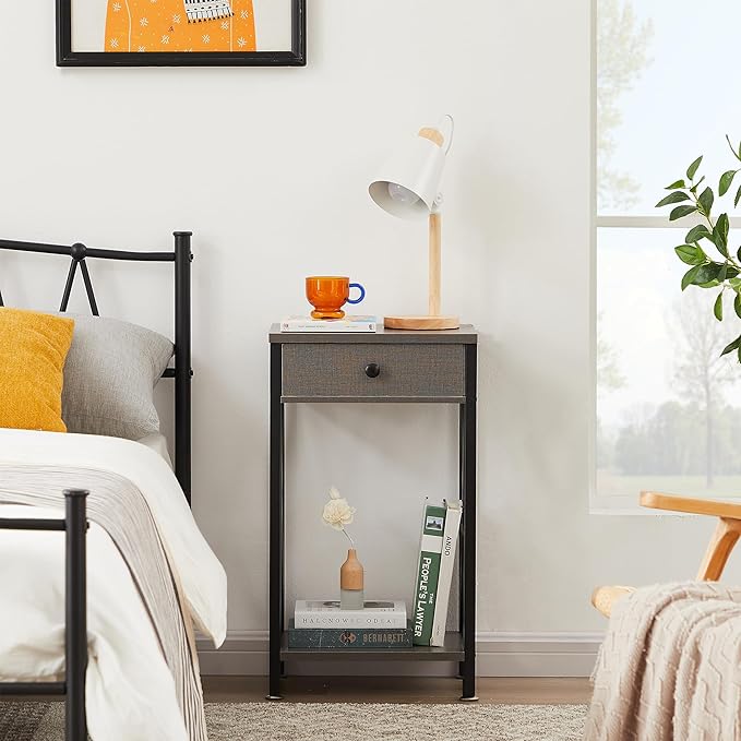 VECELO Tall Nightstand,27.6 inch Wooden End Table with Metal X-Frame,Side Table with Drawer and Storage Shelf for Living Room Bedroom Entryway Small Spaces