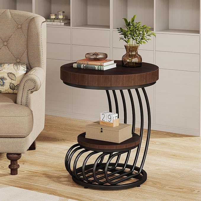 Tribesigns Round End Table, 2-Tier Farmhose Wood Side Table with Shelf Storage, Small Sofa Side Bedside Nightstand, Arc-Shaped Frame Accent Furniture for Living Room, Rustic Brown