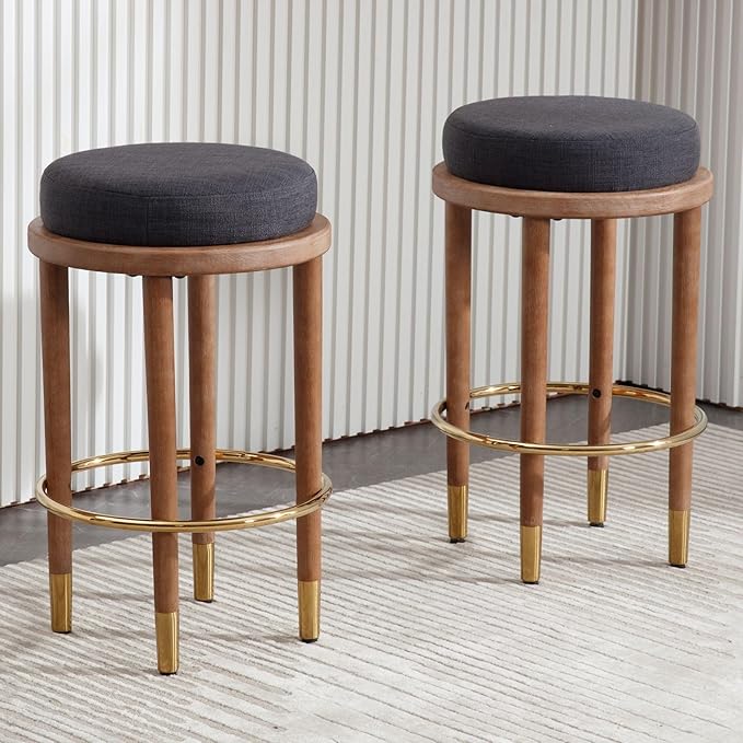 26'' Rustic Backless Bar Stools Set of 2, Counter Height Chairs With Hardwood Legs, Round Kitchen Island Stools, Farmhouse Charcoal Linen Upholstered Wood With Footrest