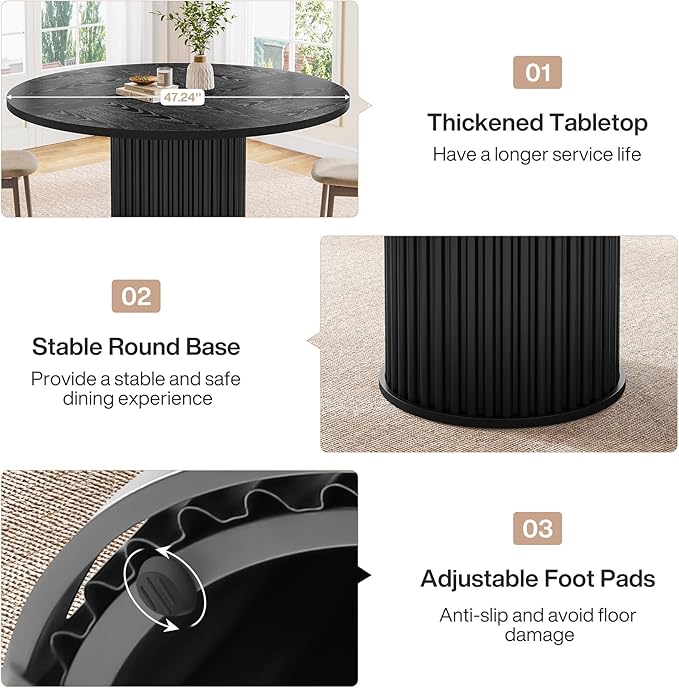 Tribesigns Round Dining Table for 4-6, 47-Inch Modern Circle Kitchen Table with Fluted Round Base, Farmhouse Wood Dinner Table for Dining Room, Kitchen, Living Room, Black