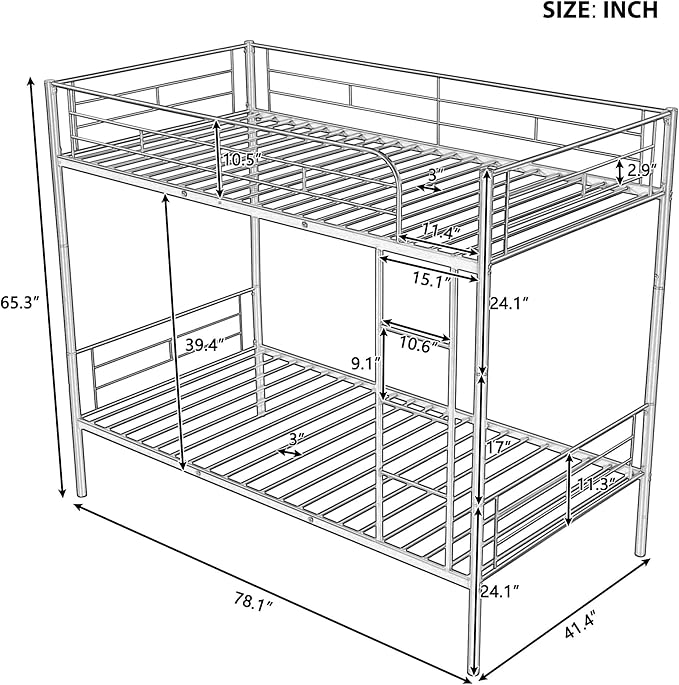 Merax Twin Over Twin Metal Bunk Bed with Ladder and high Guardrail, Able to Split, Storage Space, No Box Spring Needed, Noise Free,Silver