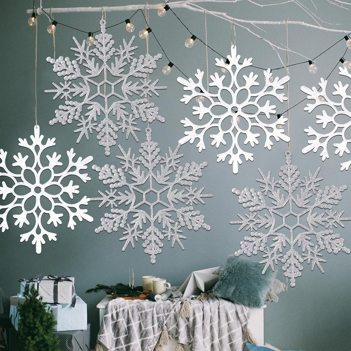 6pcs Large White Silver Snowflakes Ornaments Big Plastic Glitter Snowflake for Winter Indoor Outdoor Christmas Tree Window Room Decorations Giant Craft Snowflakes, 12/11.5 Inch