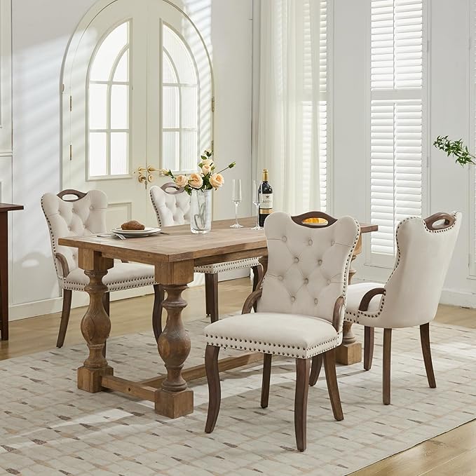 Velvet Dining Chairs Set of 4, Solid Wood Handles, Wooden Upholstered Dining Chair, Vintage Copper Nail Decoration, Mid Century Modern Kitchen Chair (Beige, Set of 4)
