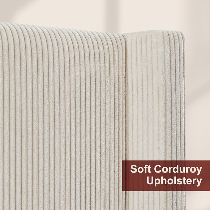HOWE Queen Size 61" Corduroy Upholstered Bed Frame, Platform Bed with Vertical Stripe Wingback Headboard, No Box Spring Needed/Noise Free/Solid Wood Slats & Legs/Cream