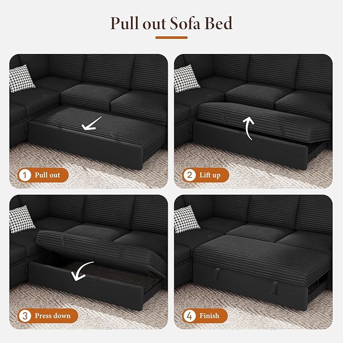 Vesgantti 88.4" Sectional Sleeper Sofa with Pull Out Bed, 5 Seater L Shaped Modular Sectional Couch with Storage, Comfy Corduroy Modular Couch for Living Room, Bedroom, Apartment, Black