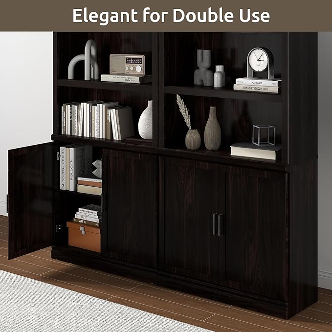 70 Inch Tall Bookcase with Doors, Library Office Bookshelf with Adjustable Shelves, Floor Standing Storage Cabinet for Bedroom Living Room Organizer with Anti Tipping Kit, Dark Cherry Finish