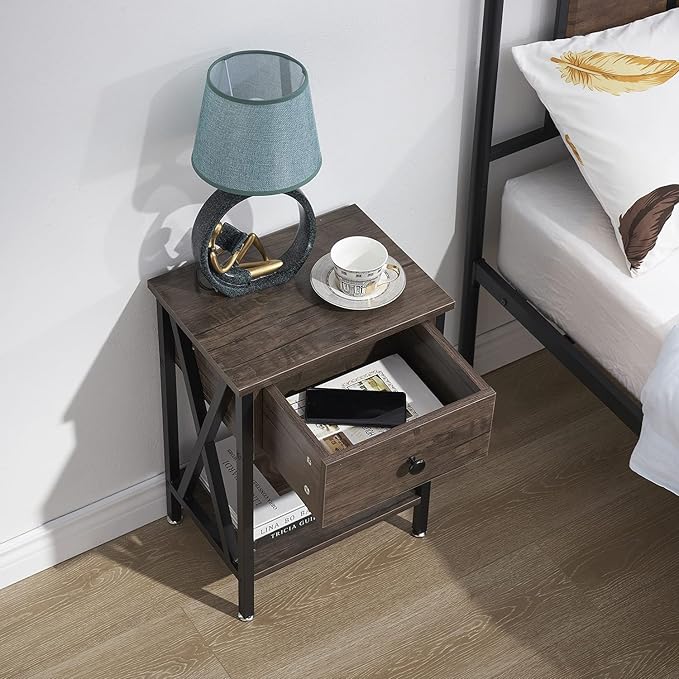 VECELO End Tables, Modern Nightstand with Drawer & Shelf, Night Stand for Bedroom Living Room,Industrial Metal Frame