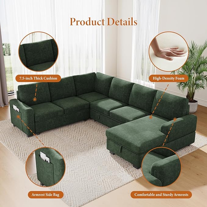 Vesgantti 113.6" Modular Sectional Sofa with Pull Out Couch Bed, 7 Seater U Shaped Sleeper Sofa with Storage Chaise, Chenille Sectional Couch for Living Room, Bedroom, Apartment, Green