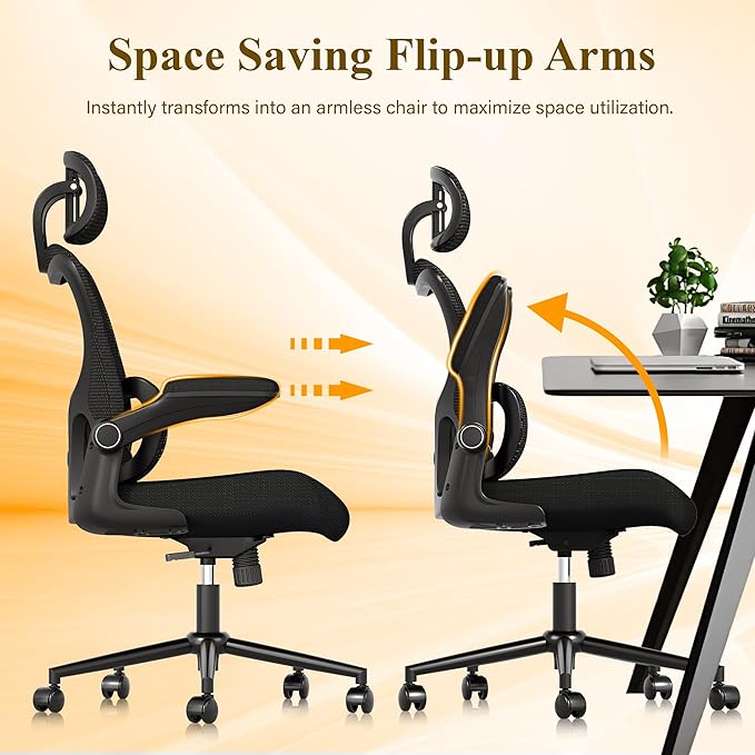 SUNNOW Ergonomic Office Chair, Comfy Mesh Desk Chair, High Back Computer Gaming Chairs with Adjustable Lumbar Support, Flip-Up Arms, Headrest, Tilt Function, Wide Cushion, Swivel Wheel, BIFMA Quality