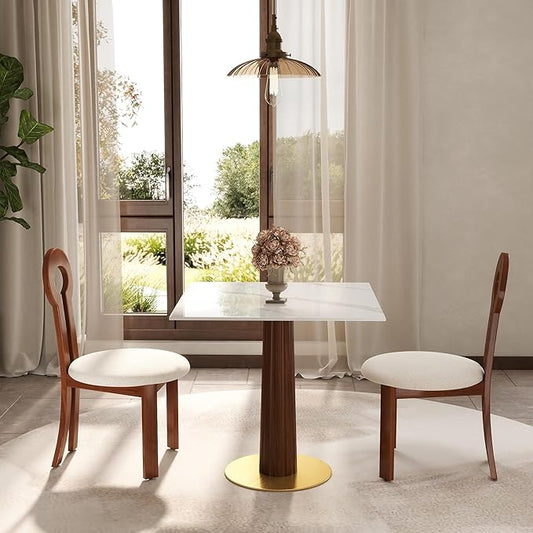 Sintered Stone Square Office Table and Chair Set - Meeting Table for Small Offices (Dark Brown Leg and White Top, 1 Table and 2 Chairs)