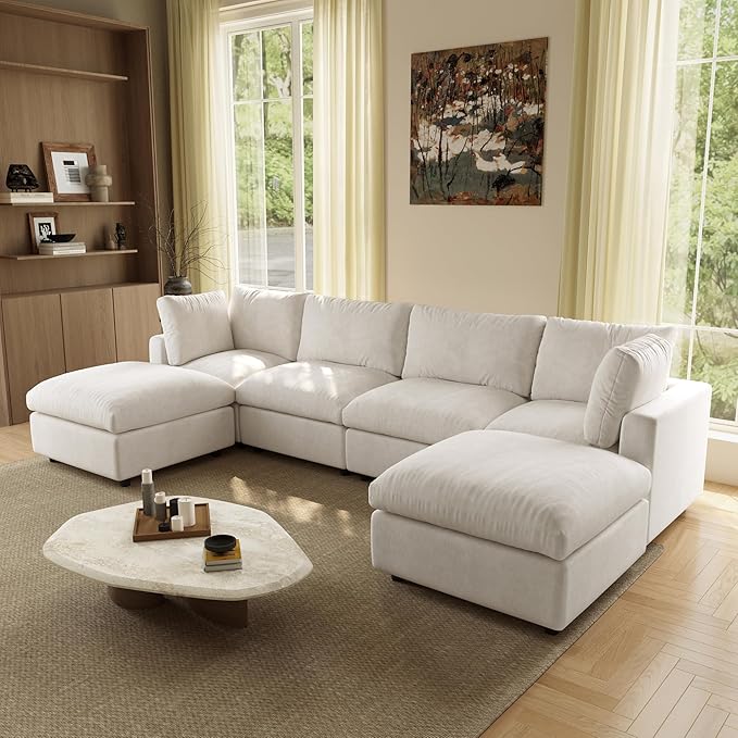 WJShome U Shaped Sectional Couch 134 Inch 4-Seater Modern Modular Sofa with 2 Ottoman,Chenille Deep Seat Couches for Living Room, Bedroom and Apartment，Beige