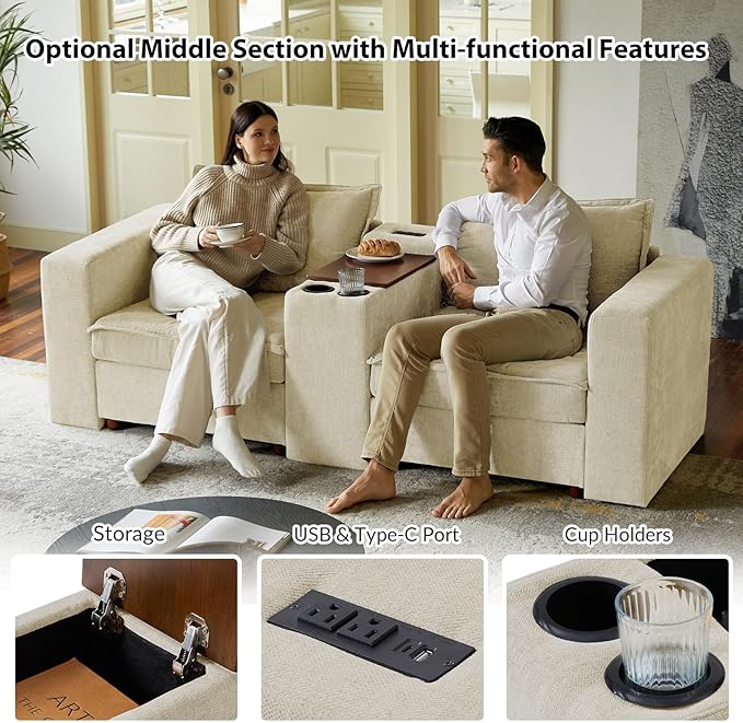 EcoHarbor Living Modular Sectional Sofa, Oversized L/U Shaped Couch with Console, USB Charger, Cup Holder, Storage, Ottoman, Convertible Couches for Living Room Bedroom Apartment, Beige