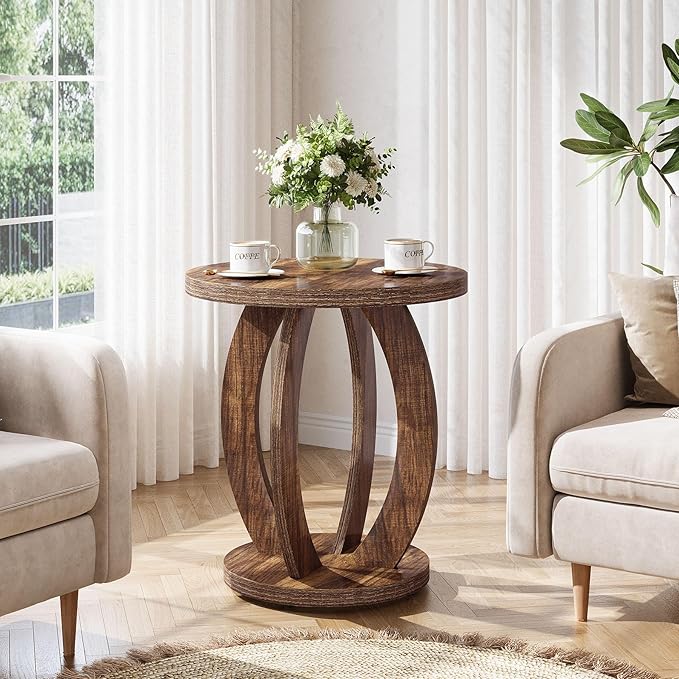 Tribesigns End Table, Round Side Table with Storage, Farmhouse Nightstand Bedside with Round Tabletop, Accent End Table for Living Room Bedroom Small Space, Wooden Accent Furniture (1, Dark Brown)