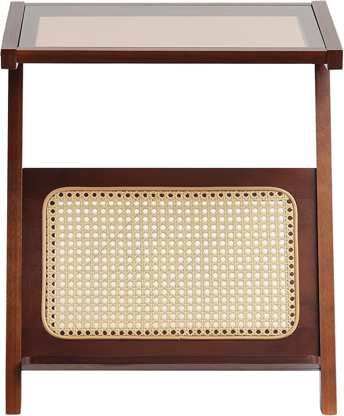 VEVOR End Table, Z-Shaped Rattan Woven Bamboo Coffee Table with Tempered Glass Top, 20” Modern Boho Storage Coffee Table with Natural Bamboo Legs, for Living Room, Bedroom & Small Spaces