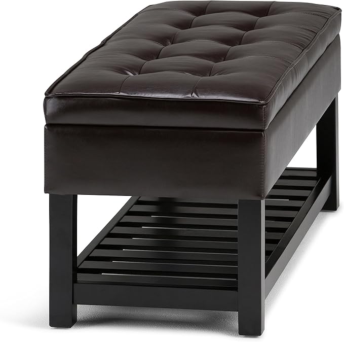 SIMPLIHOME Cosmopolitan Storage Ottoman Bench - 44 inch Wide Upholstered Vegan Leather Rectangle Storage Ottoman in Tanners Brown, Transitional Bench for Bedroom with Tufted Lift-Top and Open Shelf
