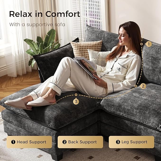 KKL 120" Modular Sectional Sofa for Living Room, U-Shaped 6 Seater Convertible L-Shaped Cloud Couch with Ottoman, Chenille Modern Sectional Couches for Living Room, Apartment, Grey