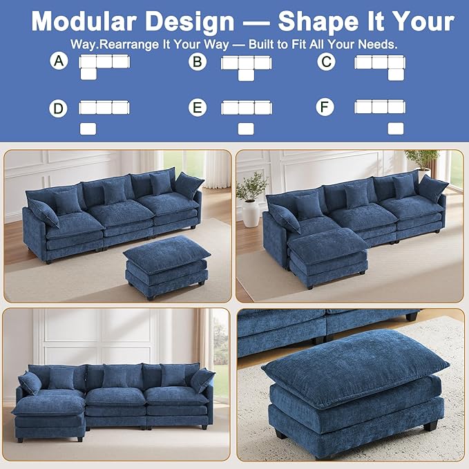 111.4" L-Shaped Cloud Chenille Sectional with Reversible Chaise, Flexible 3+1 Layout for Large Spaces, Deep Seat and Free Pillows Included