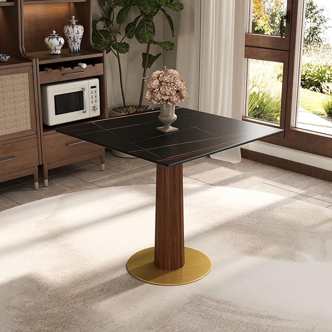 Sintered Stone Square Office Table - Meeting Desk for Small Offices (Dark Brown Leg and Black Top, 1 Table Only)