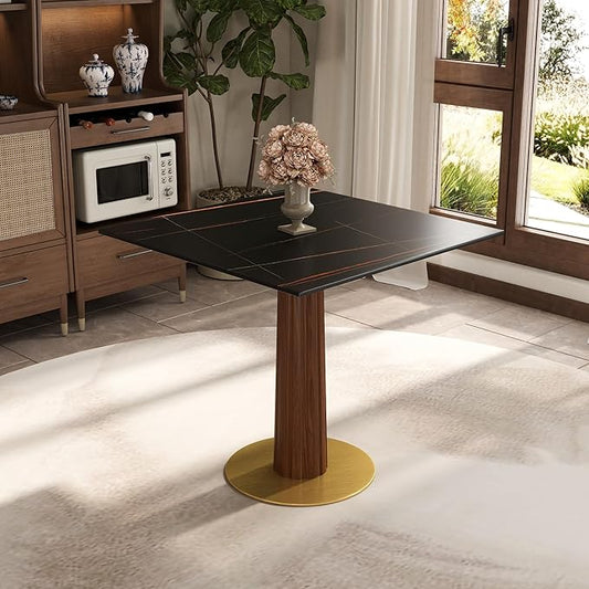 Sintered Stone Square Office Table - Meeting Desk for Small Offices (Dark Brown Leg and Black Top, 1 Table Only)