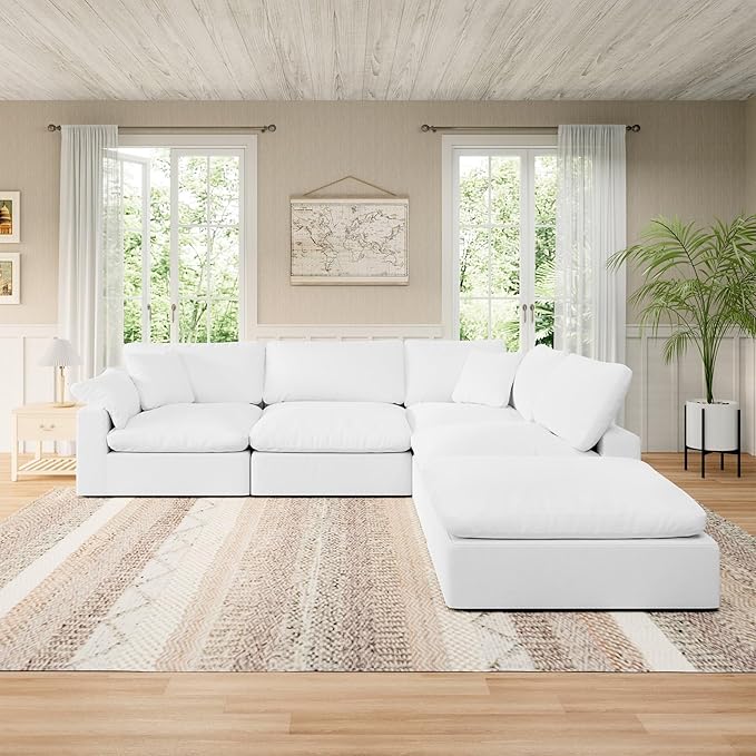 Modular Sectional Sofa Cloud Couch,Down Filled Comfy Cloud Modern Sofa,White Linen Oversized Couch Cushion Covers Removable for Living Room(3 Seater)