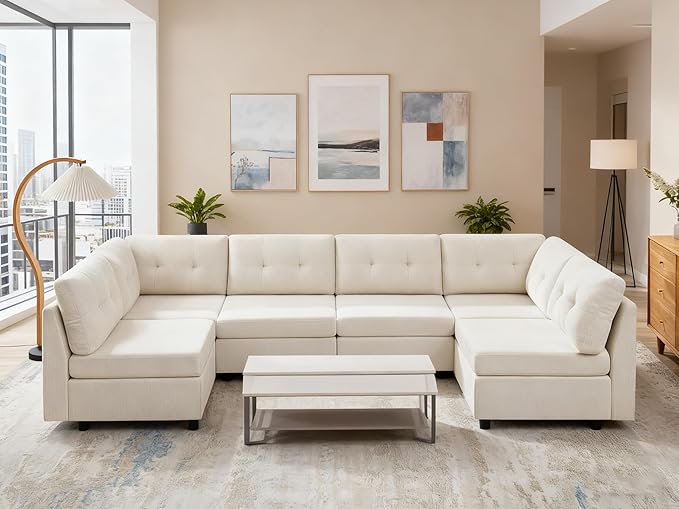 VANOMi 6 Seat Sectional Couches for Living Room, 118" Convertible Modular Cloud Sofa, Comfy Chenille Sofas & Couches for Living Room, Apartment, Office, Beige, L/U Shaped