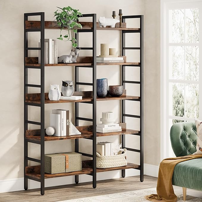 Tribesigns 5-Tier Industrial Bookshelf, 71”H x 47”W Etagere Bookcase, Freestanding Double Wide Book Shelf for Storage and Display, Wood and Metal Bookshelves for Living Room Home Office, Rustic Brown