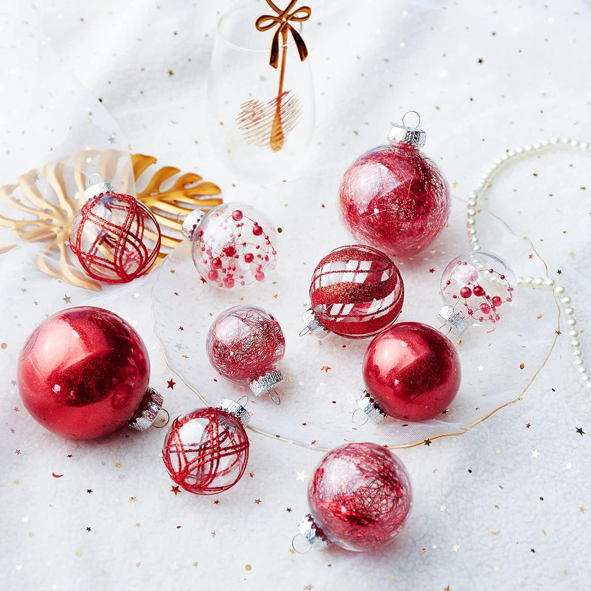 Clear Christmas Ball Ornaments,24ct Shatterproof Plastic Decorative Christmas Ornaments Hanging Xmas Tree Baubles Set with Stuffed Delicate Glittering Decorations for Holiday Party Home Decor (Red)