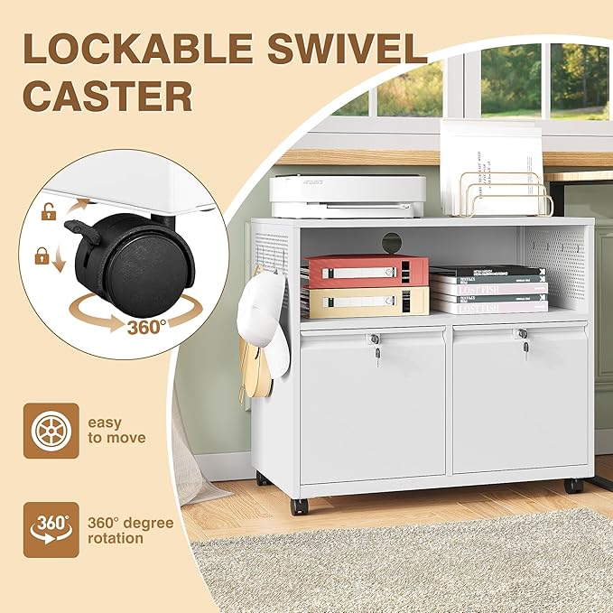 Mobile Filing Cabinet with Lock,Metal Lateral File cabinets Printer Stand with Storage Cabinets for Home Office,A4/F4/Letter (White)