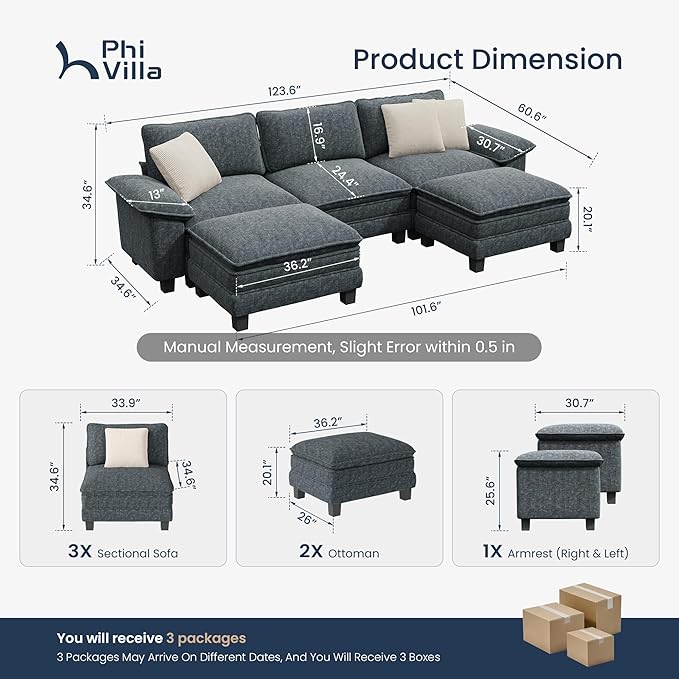 PHI VILLA Cloud Modular Couch Sets, 123.6" Sectional Sofa with U-Shaped Chaise, 5-Seater Couches with 2 Movable Ottomans for Living Room, Chenille Fabric, Dark Cyan