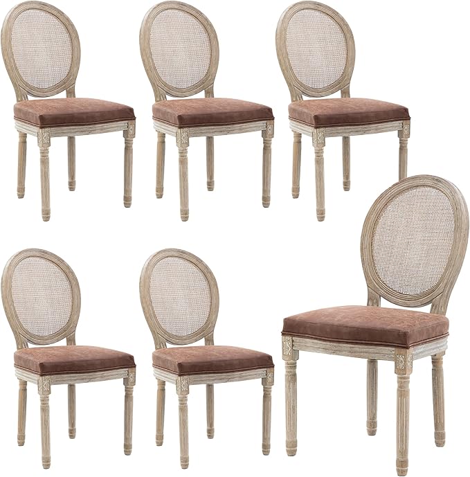 Farmhouse Leather Dining Room Chairs Set of 6 French Dining Chairs with Round Rattan Back French Bistro Chairs for Dining Room/Living Room/Kitchen/Restaurant, Brown
