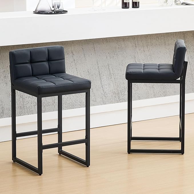 Counter Height Bar Stools Set of 2, Modern Faux Leather Counter Stools with Low Back and Footrest, Upholstered Bar Chairs for Kitchen Island, Bar, Counter (Black, 2Pcs 26" Bar Stools)