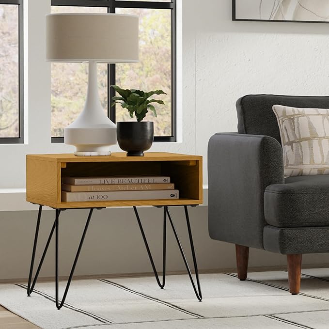 SIMPLIHOME Hunter Industrial 22 inch Wide Metal End Table in Oak Veneer for The Living Room and Bedroom