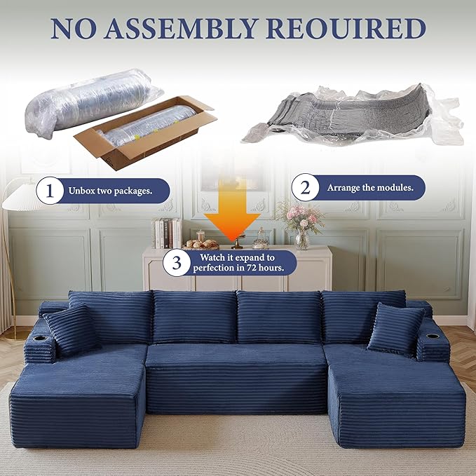 134''Oversized Modular Sectional Sofa Boneless Cloud Couch with Chaise Comfy Sectional Couches for Living Room,Bedroom,Apartment (Blue, 134''W U-Shaped)