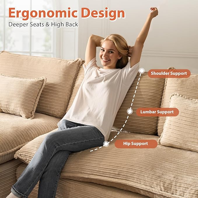113 in Oversized Cloud Sofa with L Shape Chaise, Sectional Couches for Living Room, Assembly Free Modular Comfy Corduroy Sofa with Left Facing Chaise Longue for Home Apartment (Left Chaise, Beige)